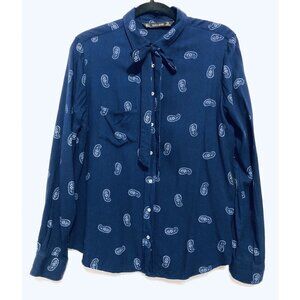 Zara Tie Neck Top Womens Large Blue Paisley Button Up Long Sleeve Boho